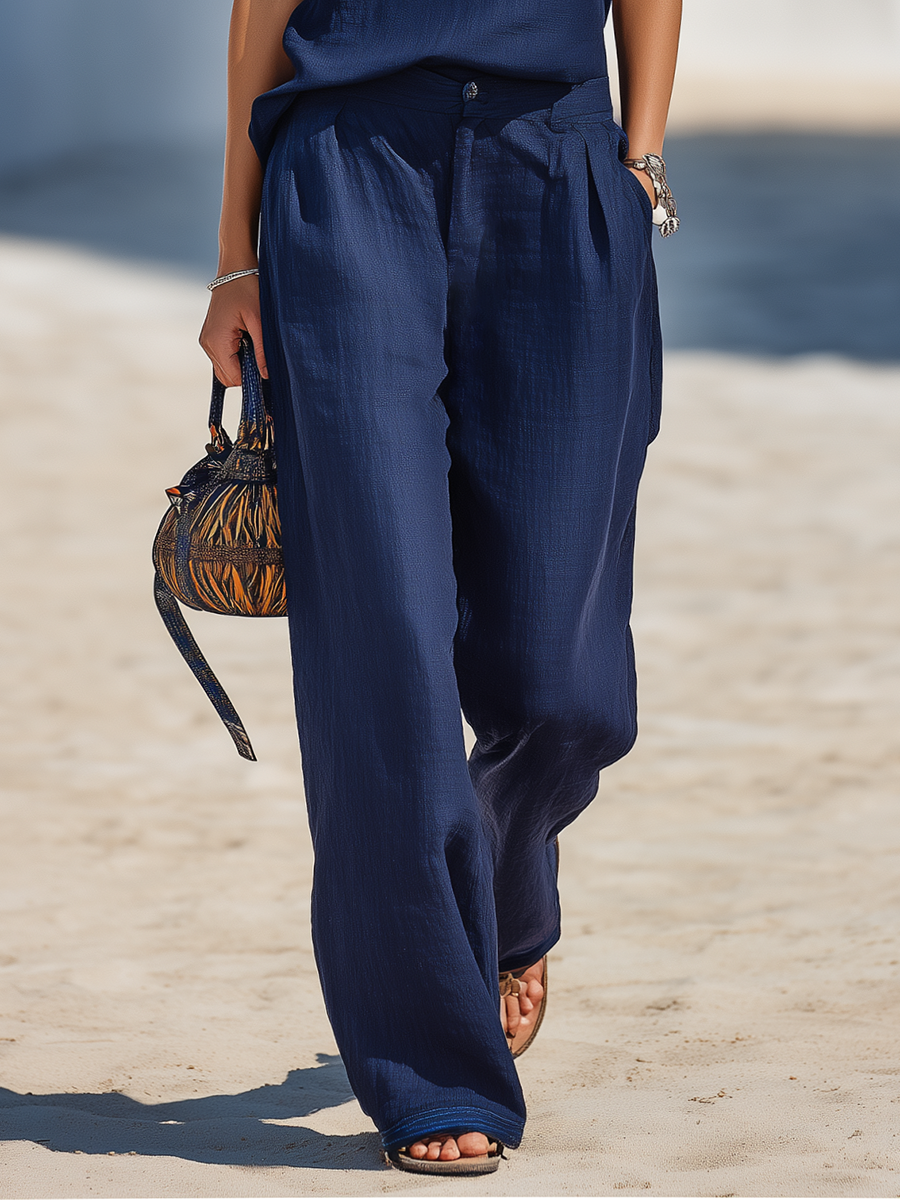 Resort-style V-neck Embroidered Short-sleeve Top And Trousers Set