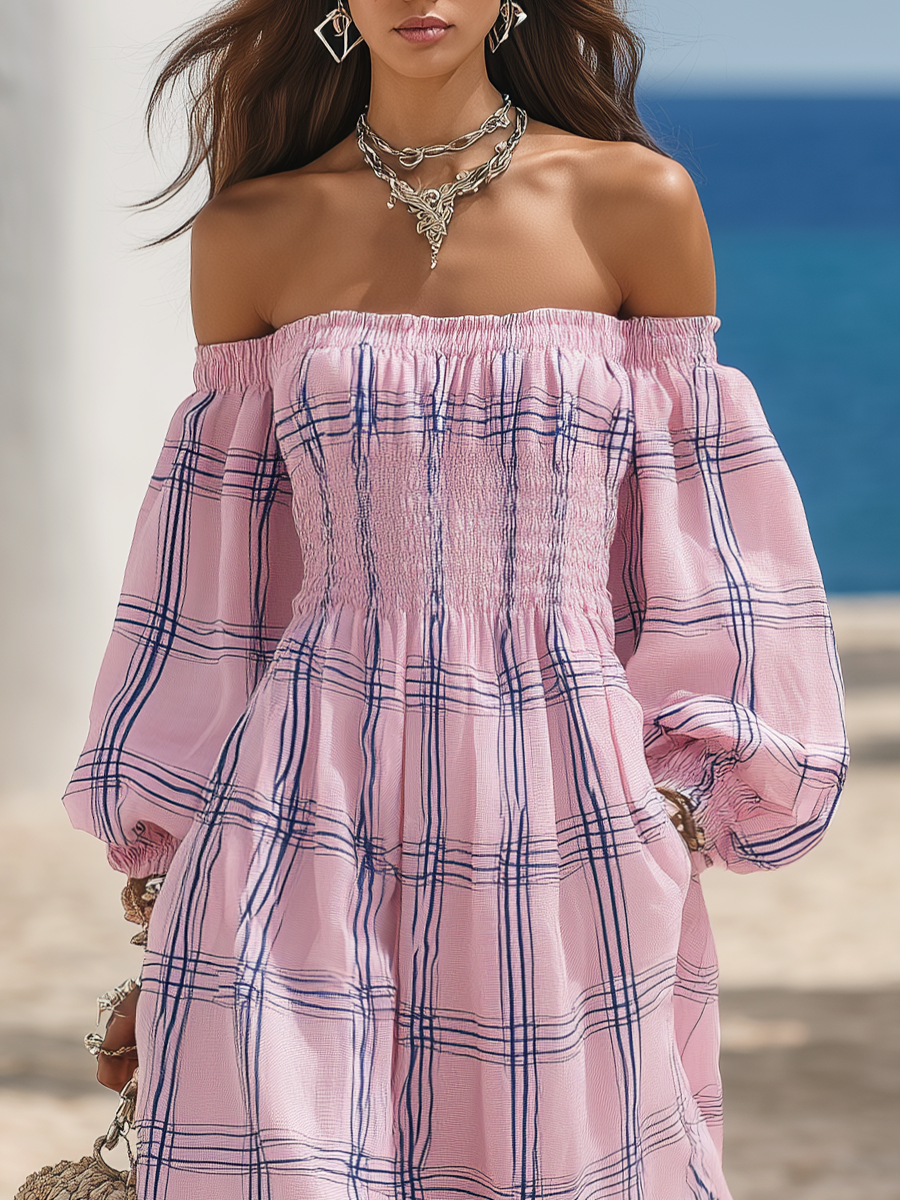 Resort-style Off-the-shoulder Plaid Print Long-sleeved Maxi Dress