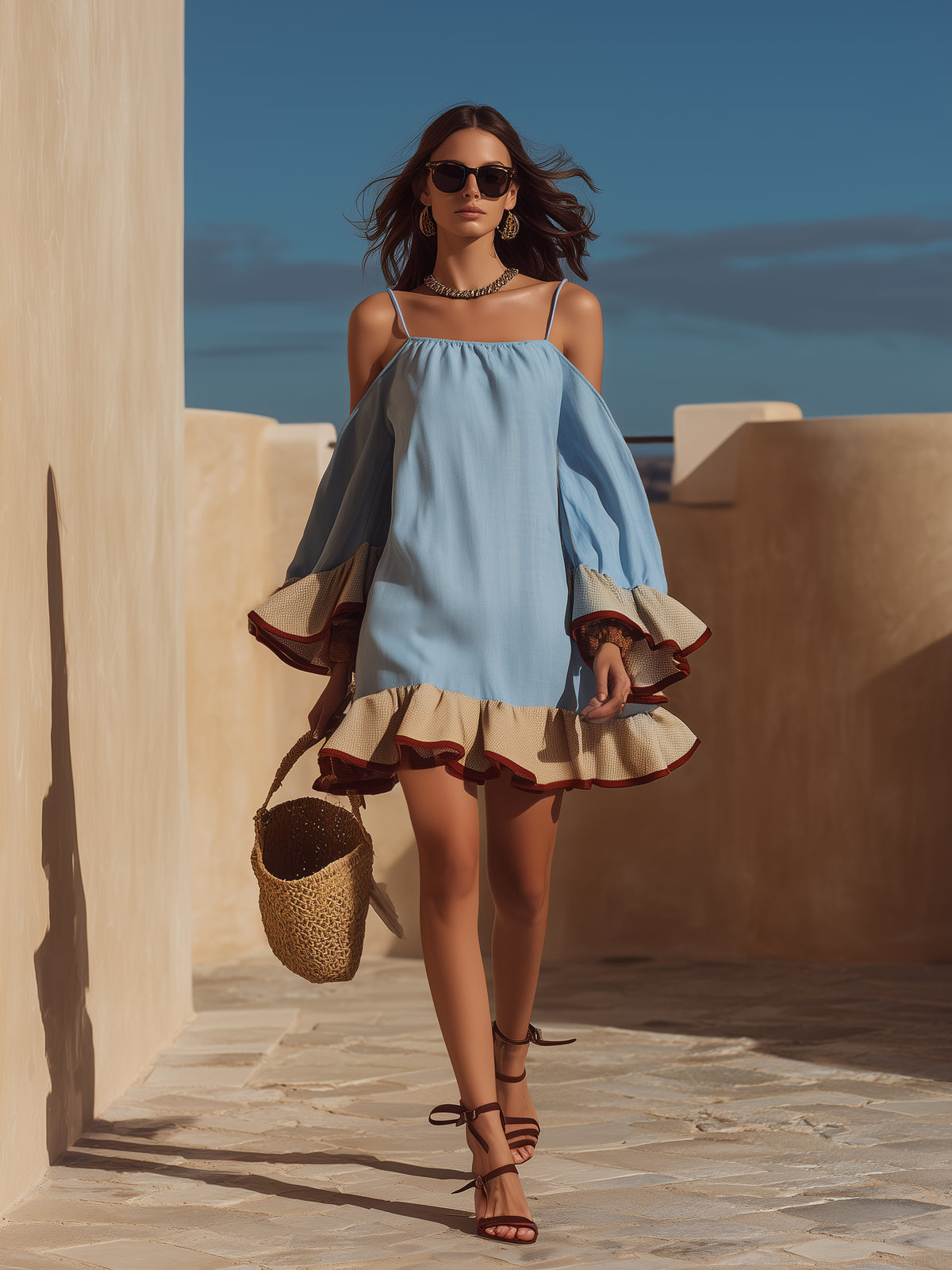 Tropical Beach Light Blue Off Shoulder Contrast Ruffle Mini Dress
