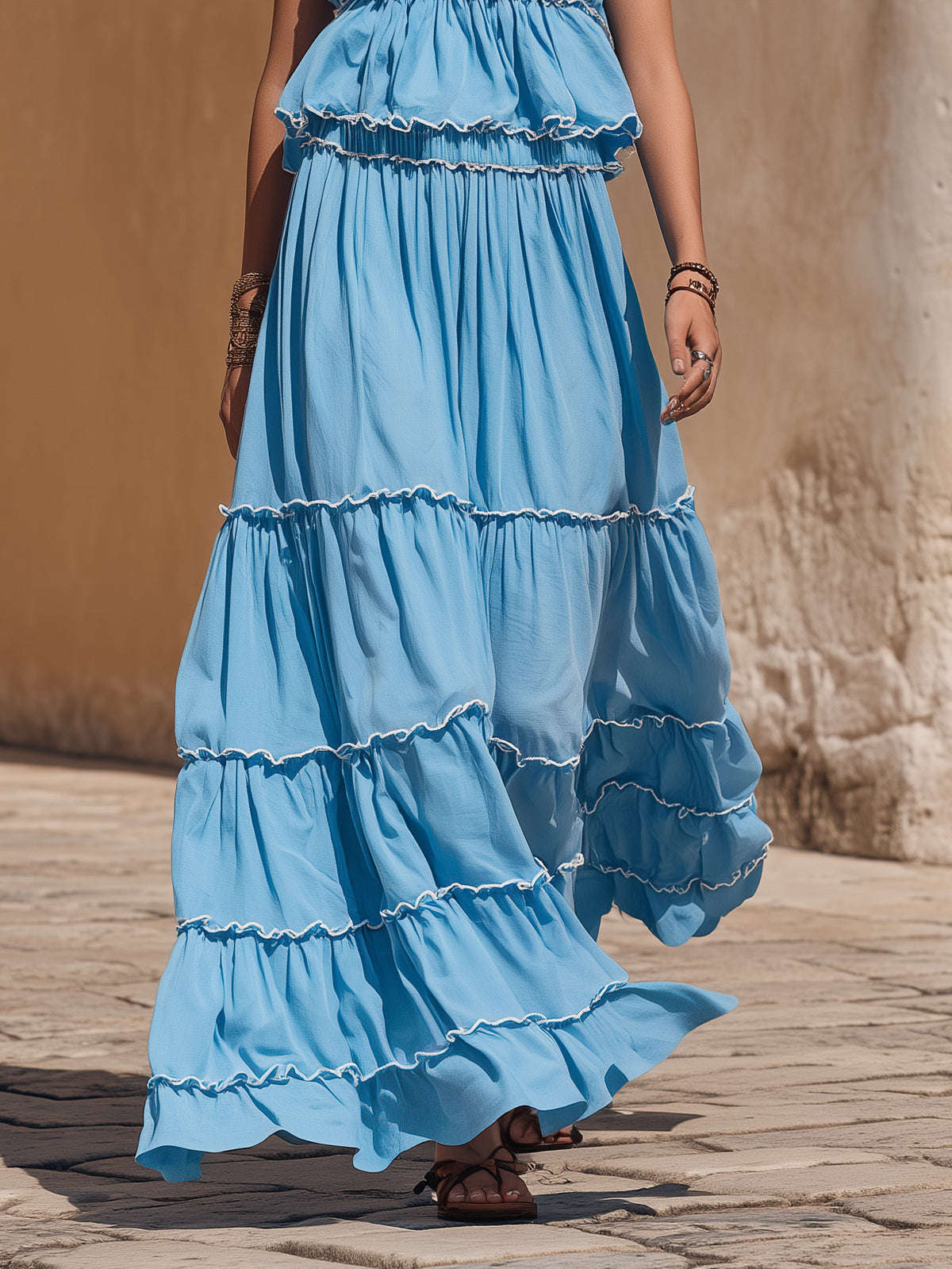 Boho Vacation Sky Blue Strapless Tube Top White Ruffle Trim Multi-Tiered Flowy Skrit Set