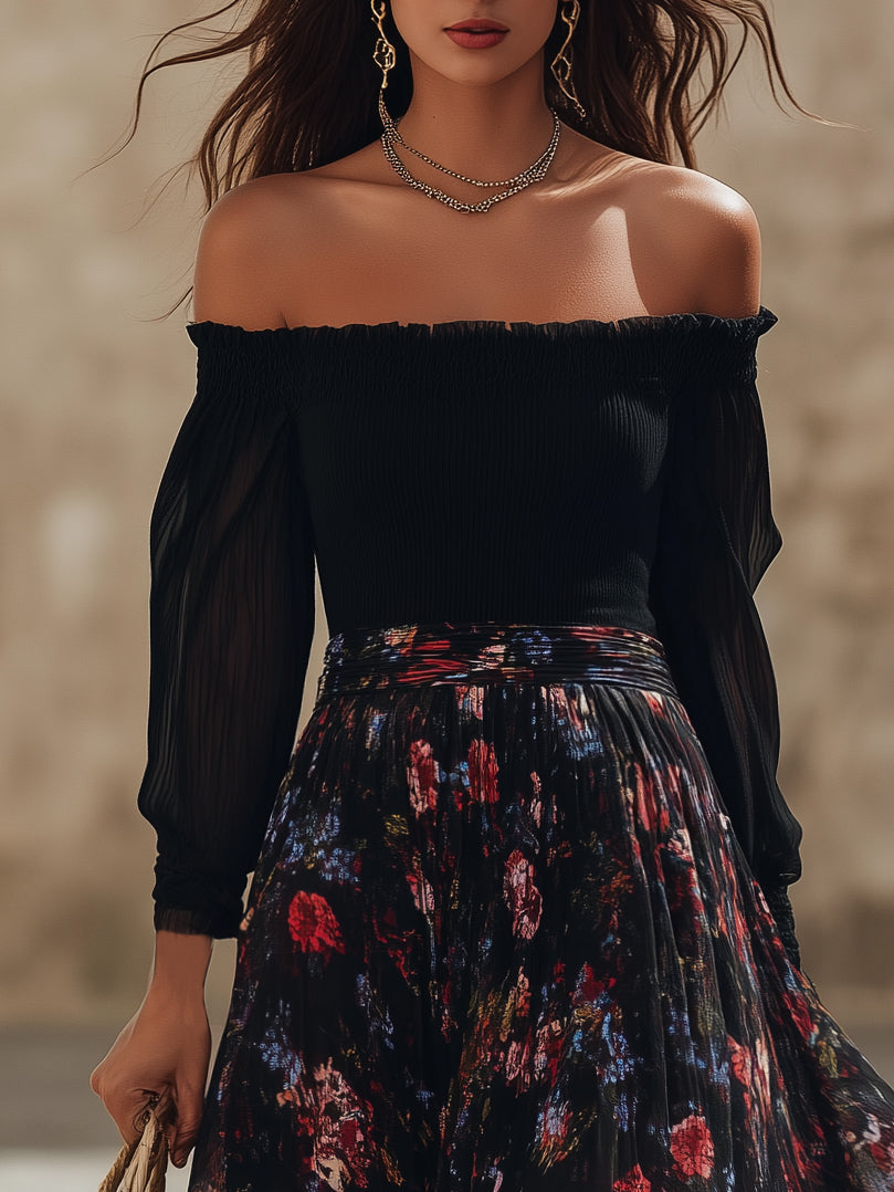 Capri Vibe Black Off Shoulder Long Sleeve Top Dark Floral Chiffon Pleated Maxi Skirt Two Piece Set