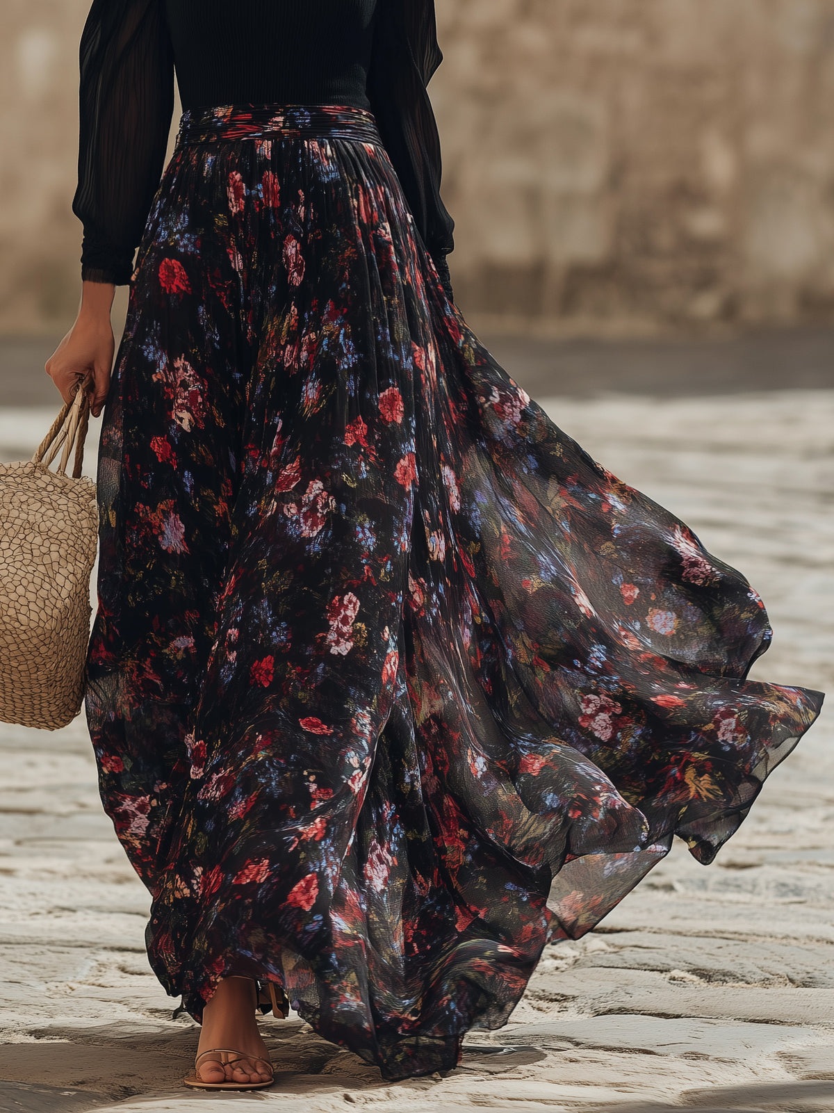 Capri Vibe Black Off Shoulder Long Sleeve Top Dark Floral Chiffon Pleated Maxi Skirt Two Piece Set