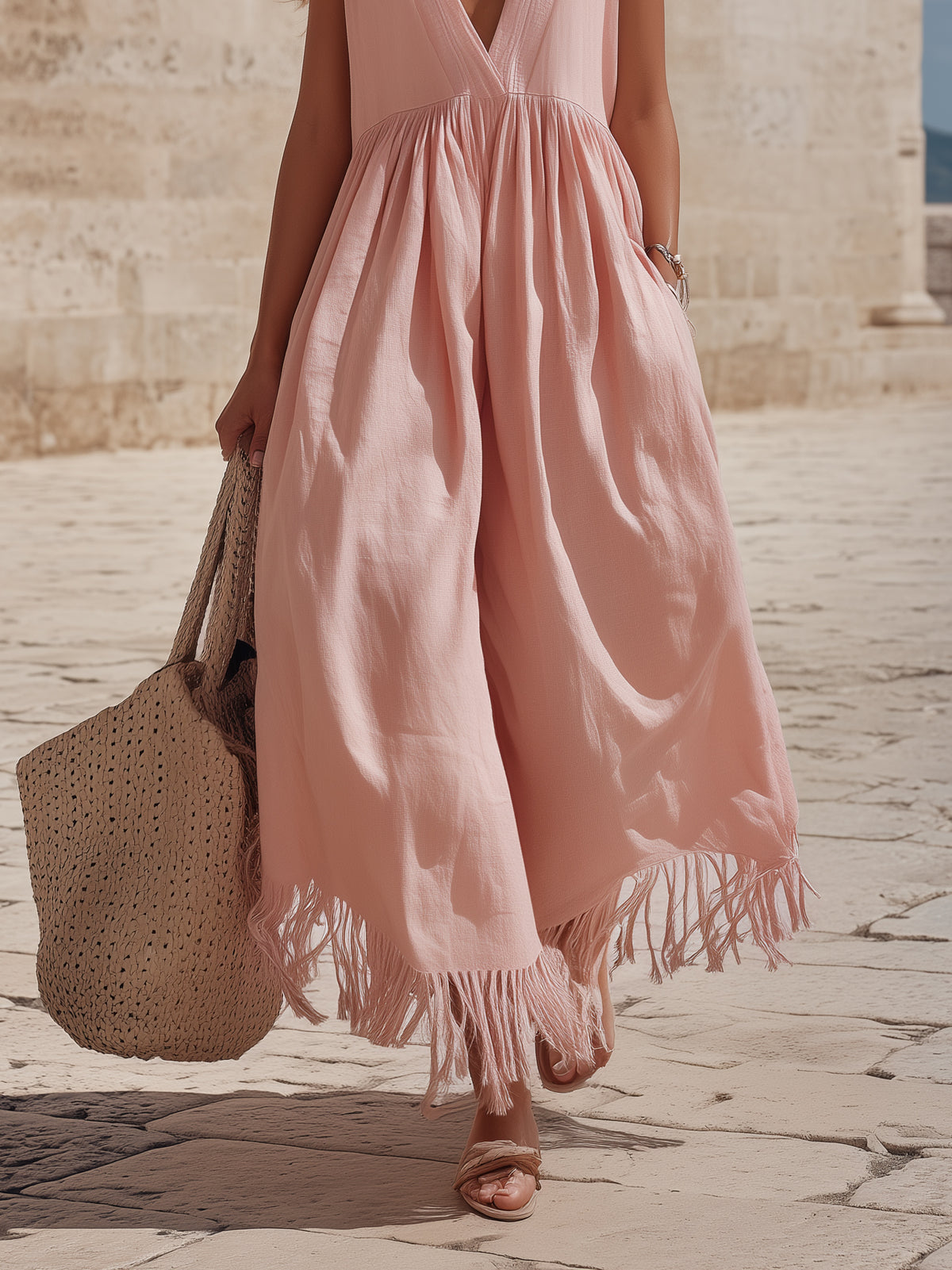 Boho Vacation Dusty Pink V Neck Cap Sleeve Gathered Waist Fringe Hem Midi Dress