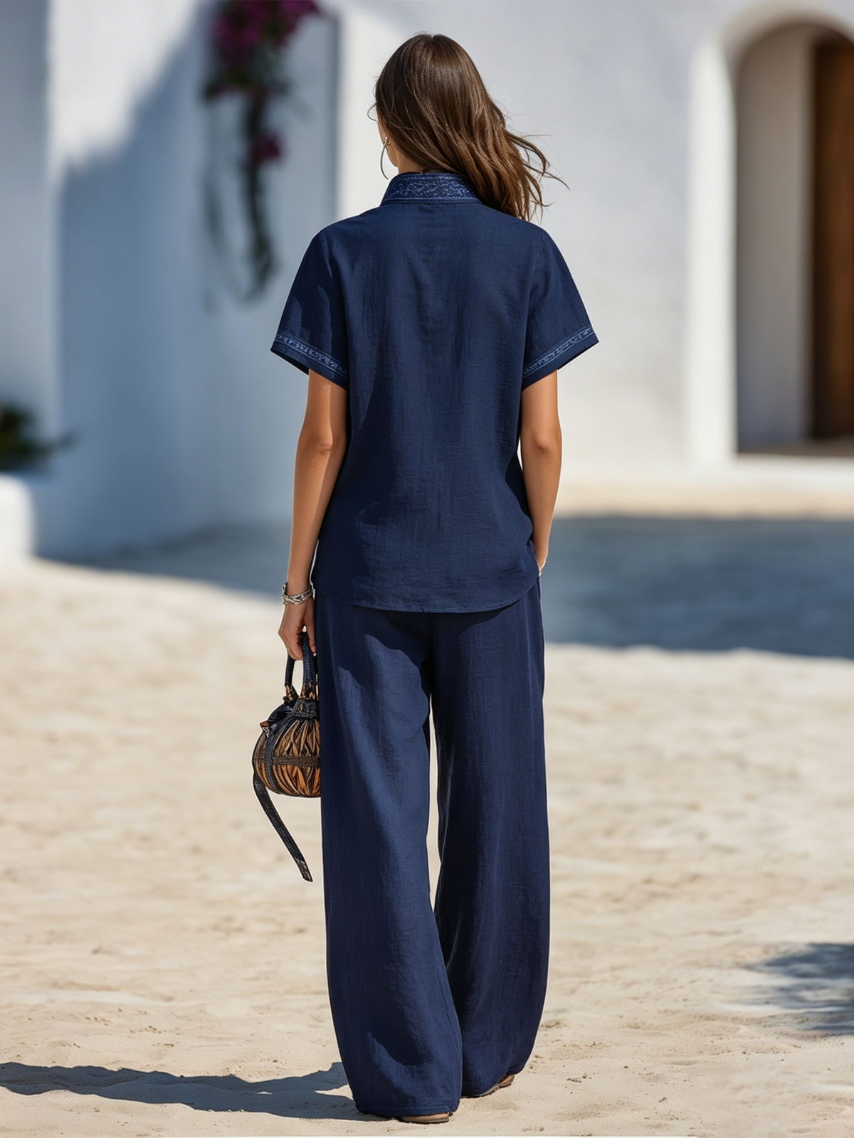 Resort-style V-neck Embroidered Short-sleeve Top And Trousers Set