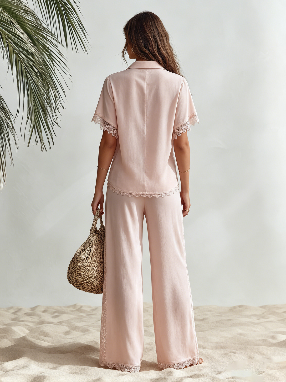 Resort-style V-neck Short-sleeve Lace-trim Top And Trousers Set