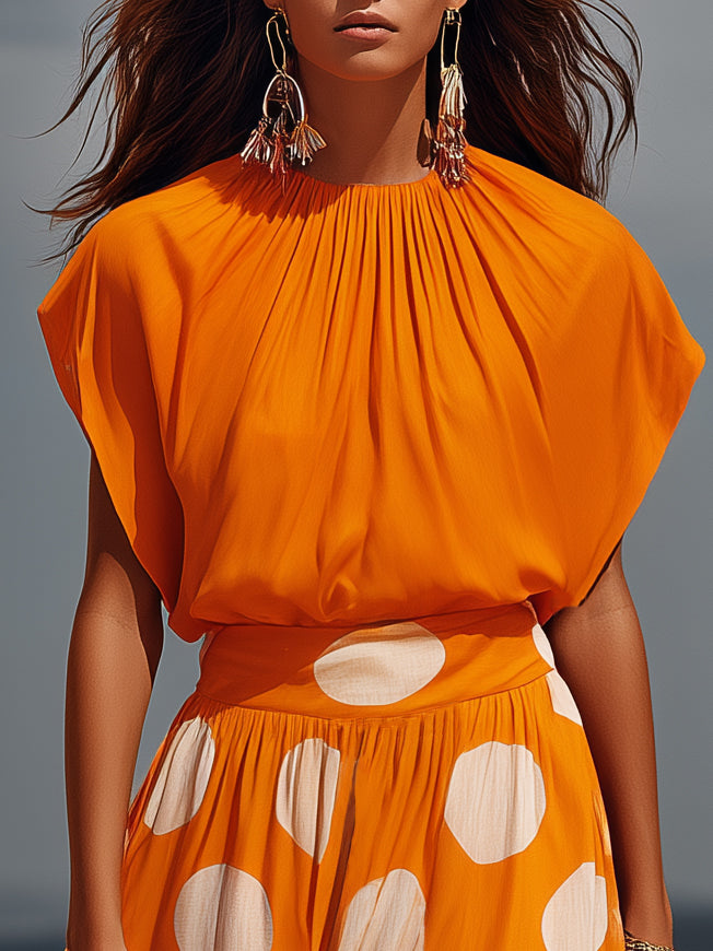 Capri Vibe Orange Solid Pleated Blouse And White Polka Dot Wide Leg Maxi Pant Set