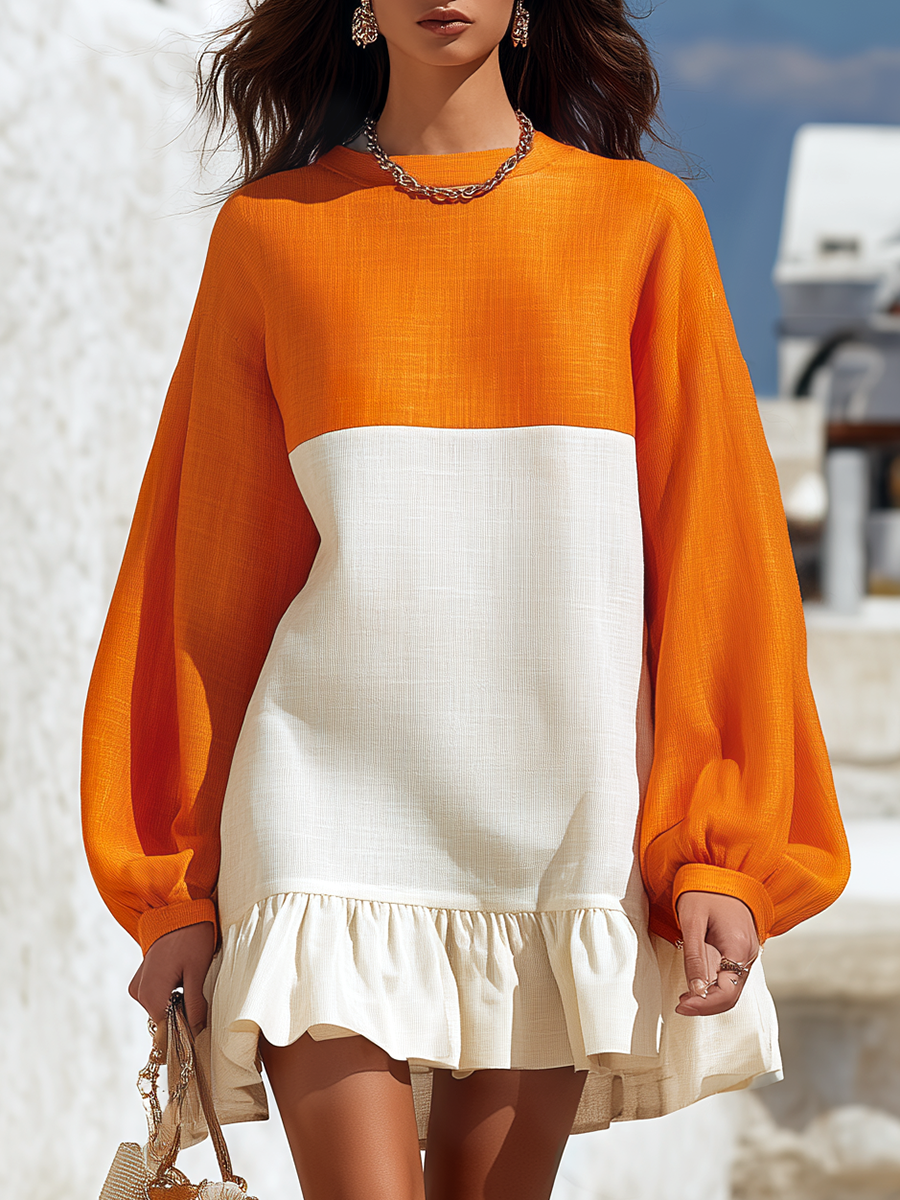 Resort-style Round Neck Lantern Long-sleeved Color-blocked Mini Dress