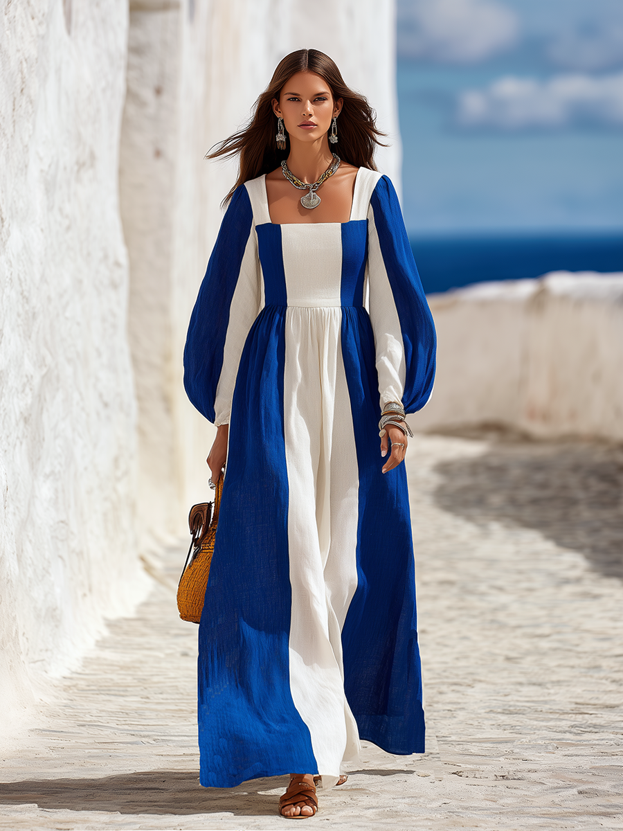 Resort-style Square-neck Long-sleeved Blue And White Striped Maxi Dress