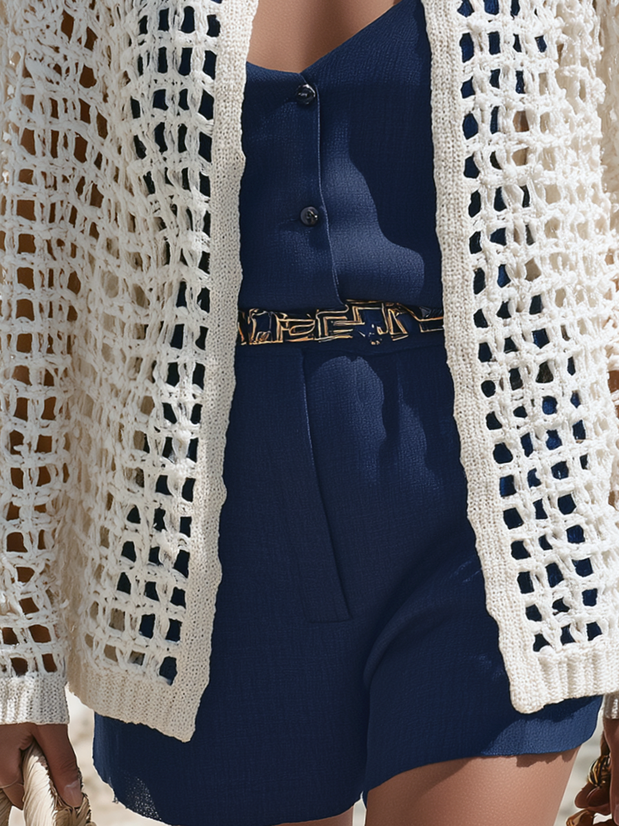 Resort-style Openwork Long-sleeved Knitted Cardigan