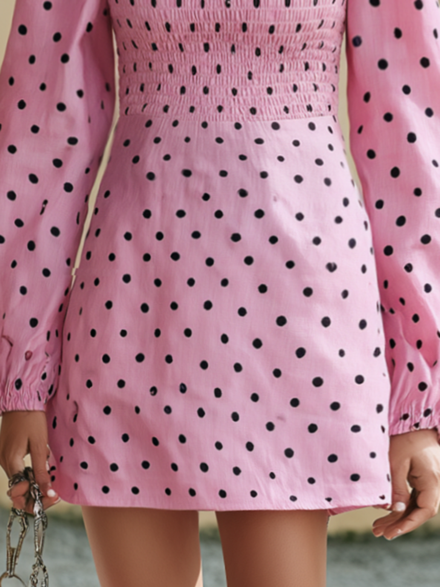 Vacation-style Square-neck Long-sleeve Polka-dot Mini Dress