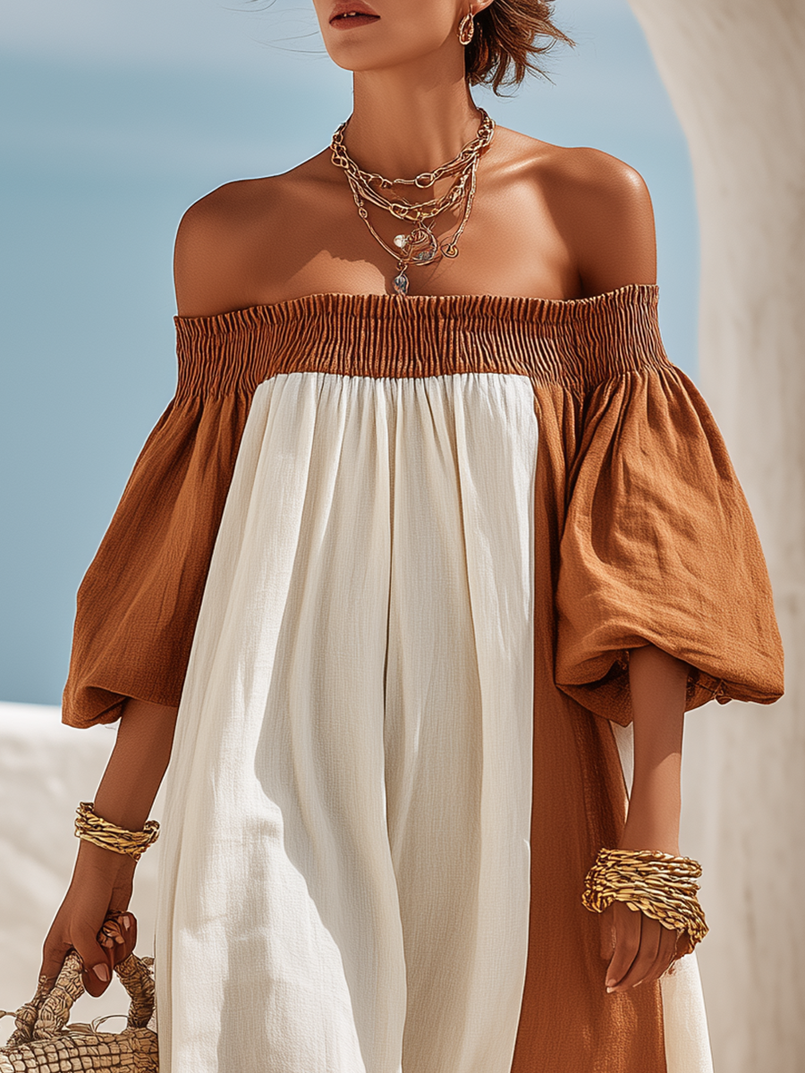 Old Money Off-Shoulder Short-Sleeve Color-Block Cotton-Linen Maxi Dress
