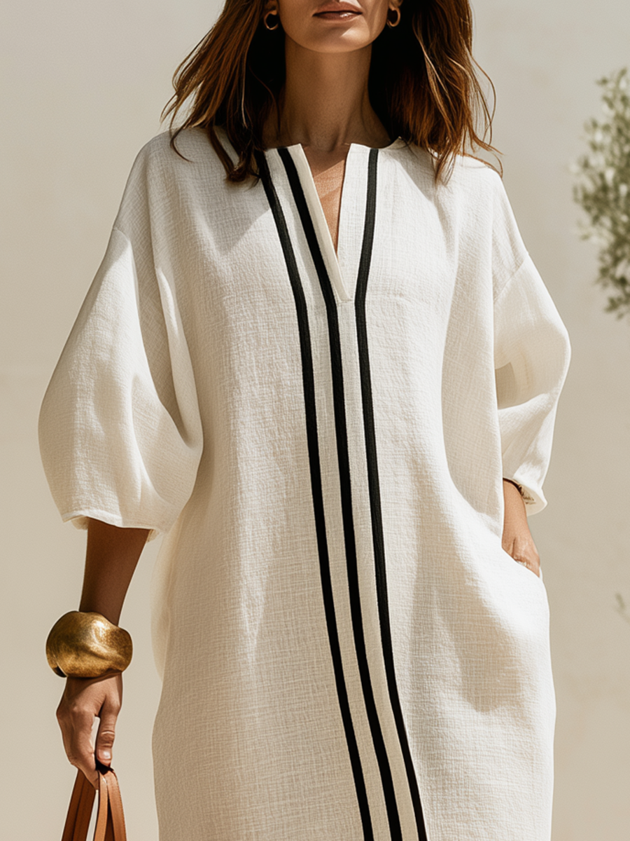 Old Money Black Webbing-Trim Cotton-Linen Maxi Vacation Dress