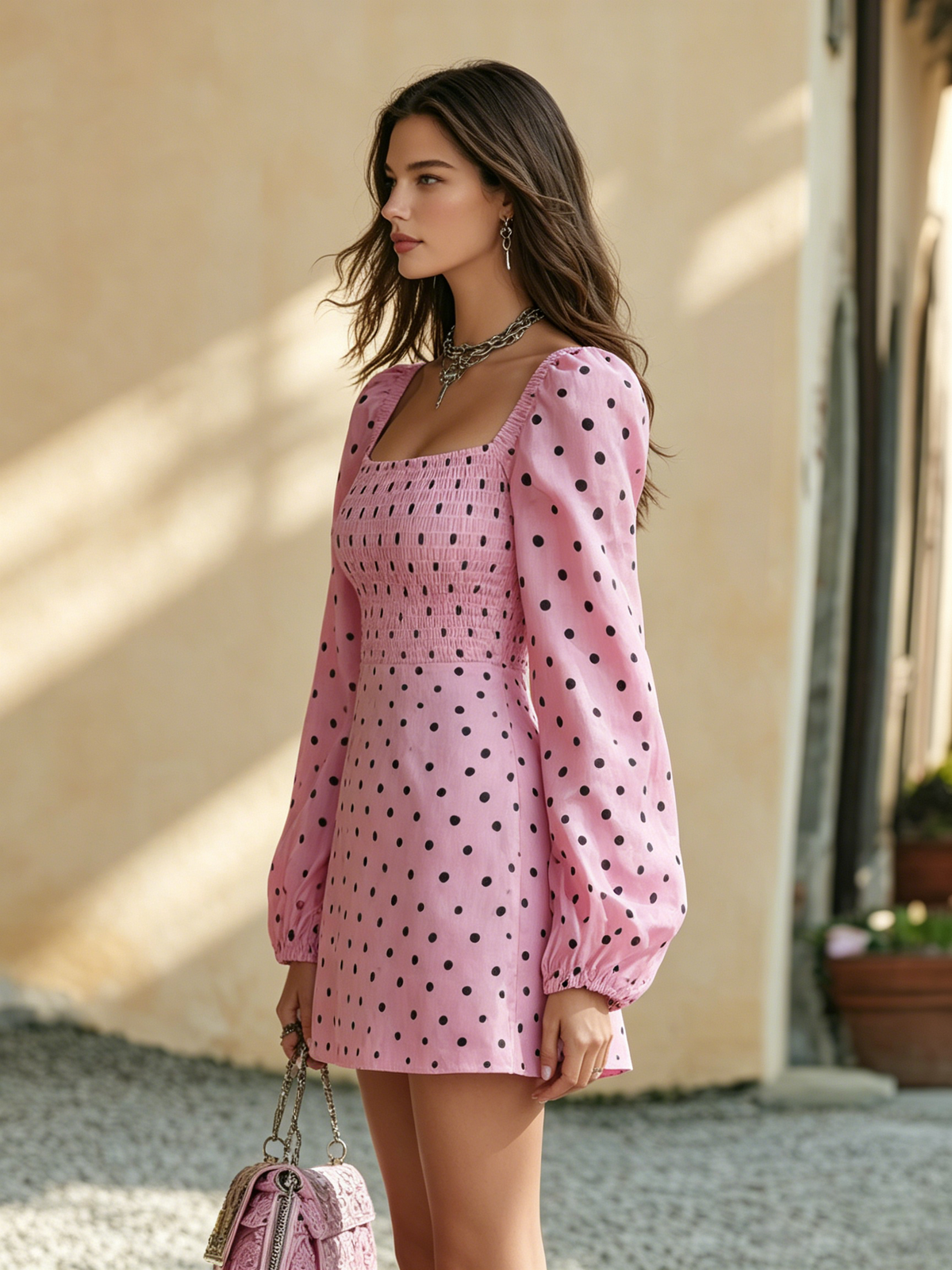Vacation-style Square-neck Long-sleeve Polka-dot Mini Dress