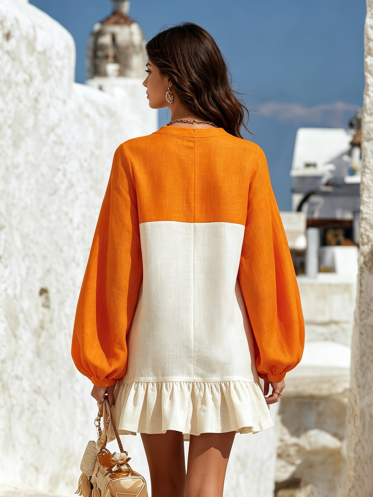 Resort-style Round Neck Lantern Long-sleeved Color-blocked Mini Dress