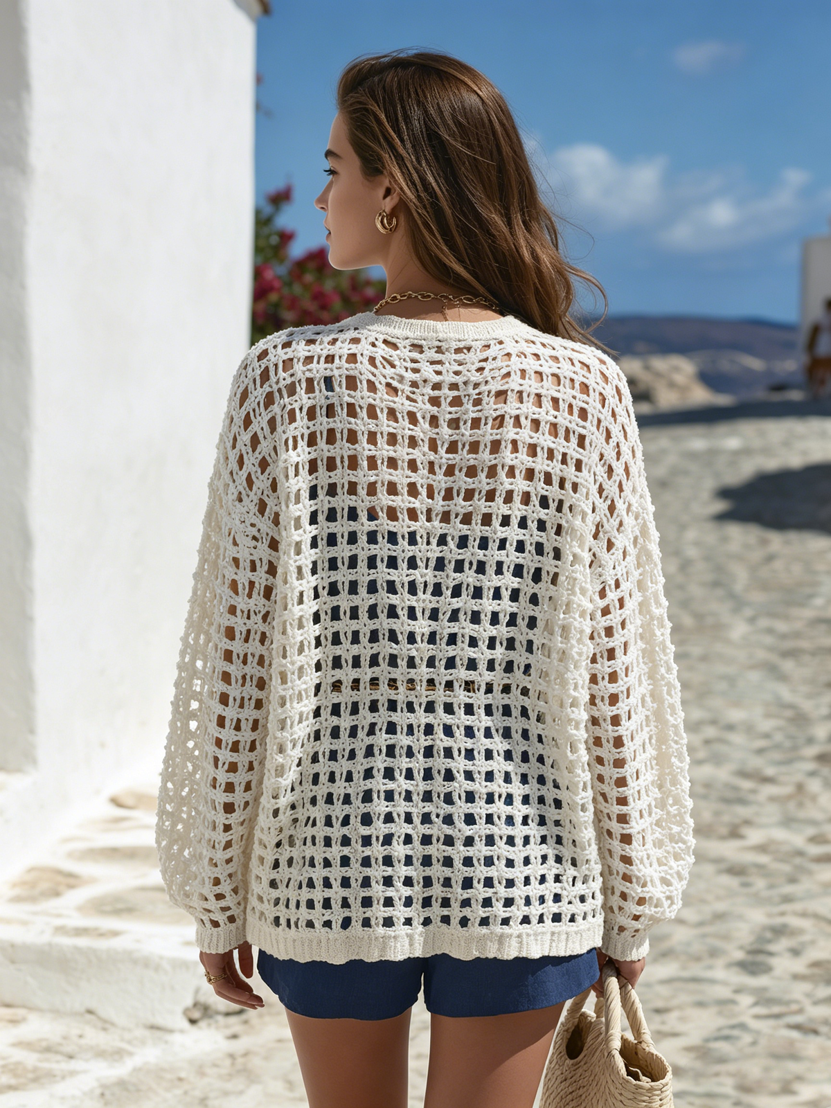 Resort-style Openwork Long-sleeved Knitted Cardigan