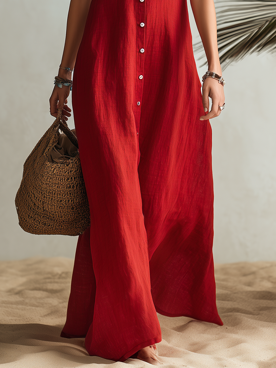 Vacation-style Short-sleeve Square-neck Button-front Maxi Dress