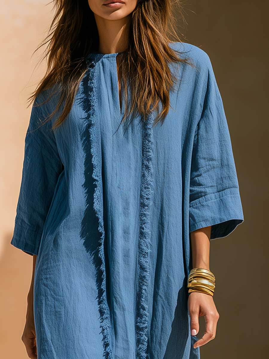 Old Money Three-Quarter Sleeves And Tassels Blue Cotton-Linen Maxi Dress