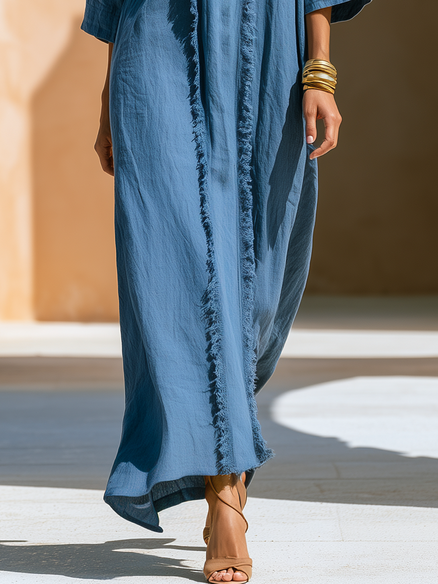 Old Money Three-Quarter Sleeves And Tassels Blue Cotton-Linen Maxi Dress