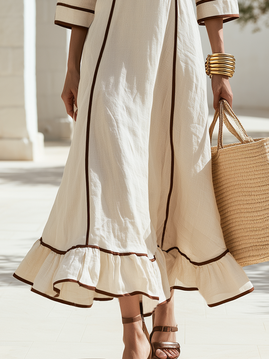 Old Money Square-Neck Short-Sleeve Brown Webbing Beige Cotton-Linen Maxi Dress
