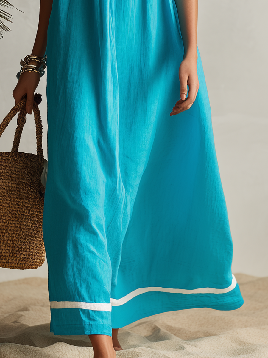 Vacation-style Square-neck Loose Short-sleeve A-line Maxi Dress