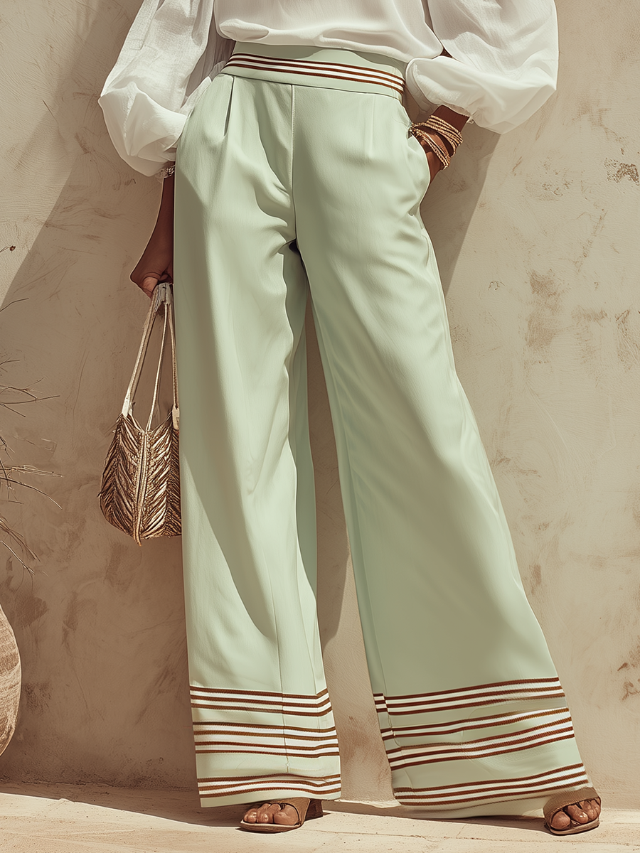 Elegant Vacation-style Off-the-shoulder Top And Color-blocked Striped Flared Pants Set