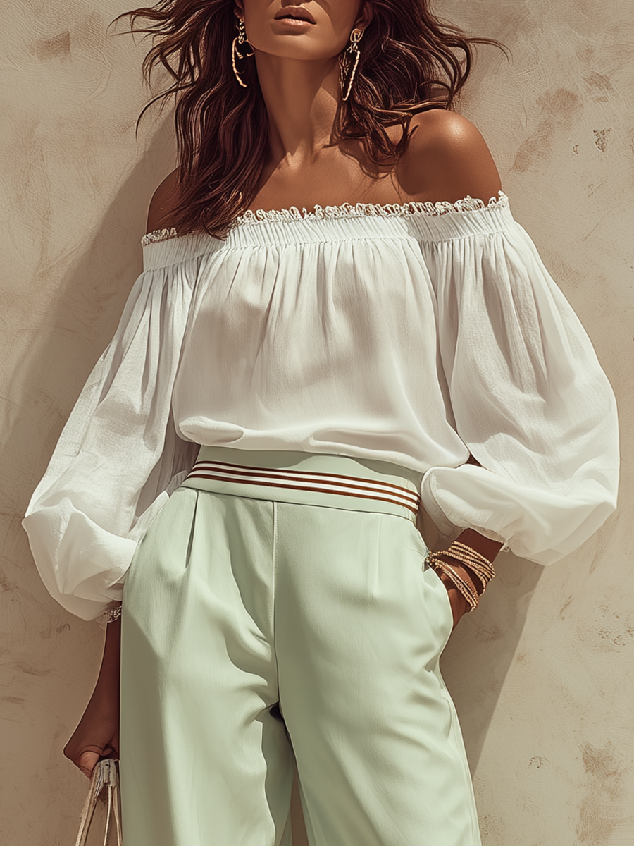 Elegant Vacation-style Off-the-shoulder Top And Color-blocked Striped Flared Pants Set