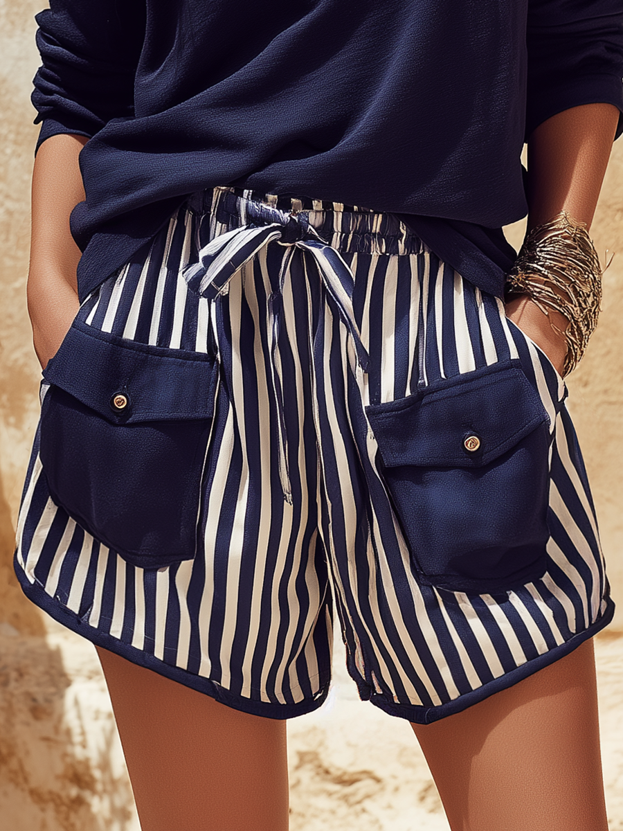 High-quality Casual One-shoulder Long-sleeved T-shirt And Striped Shorts Set
