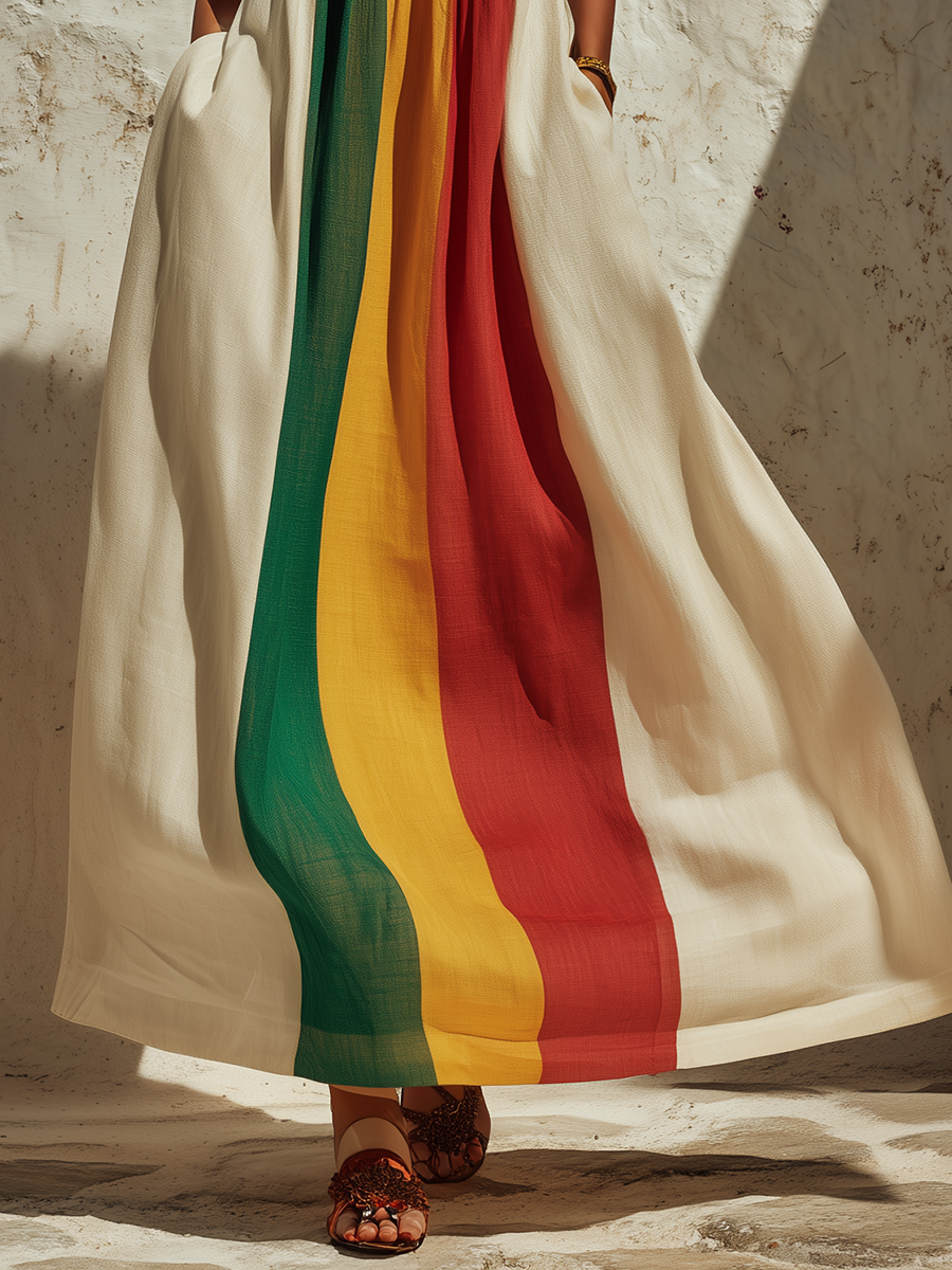 Retro Square Neck Rainbow Striped Maxi Dress