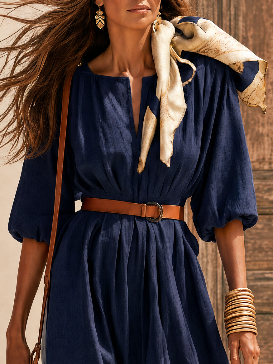 Retro-style Vacation Solid Color Cotton And Linen Midi Dress