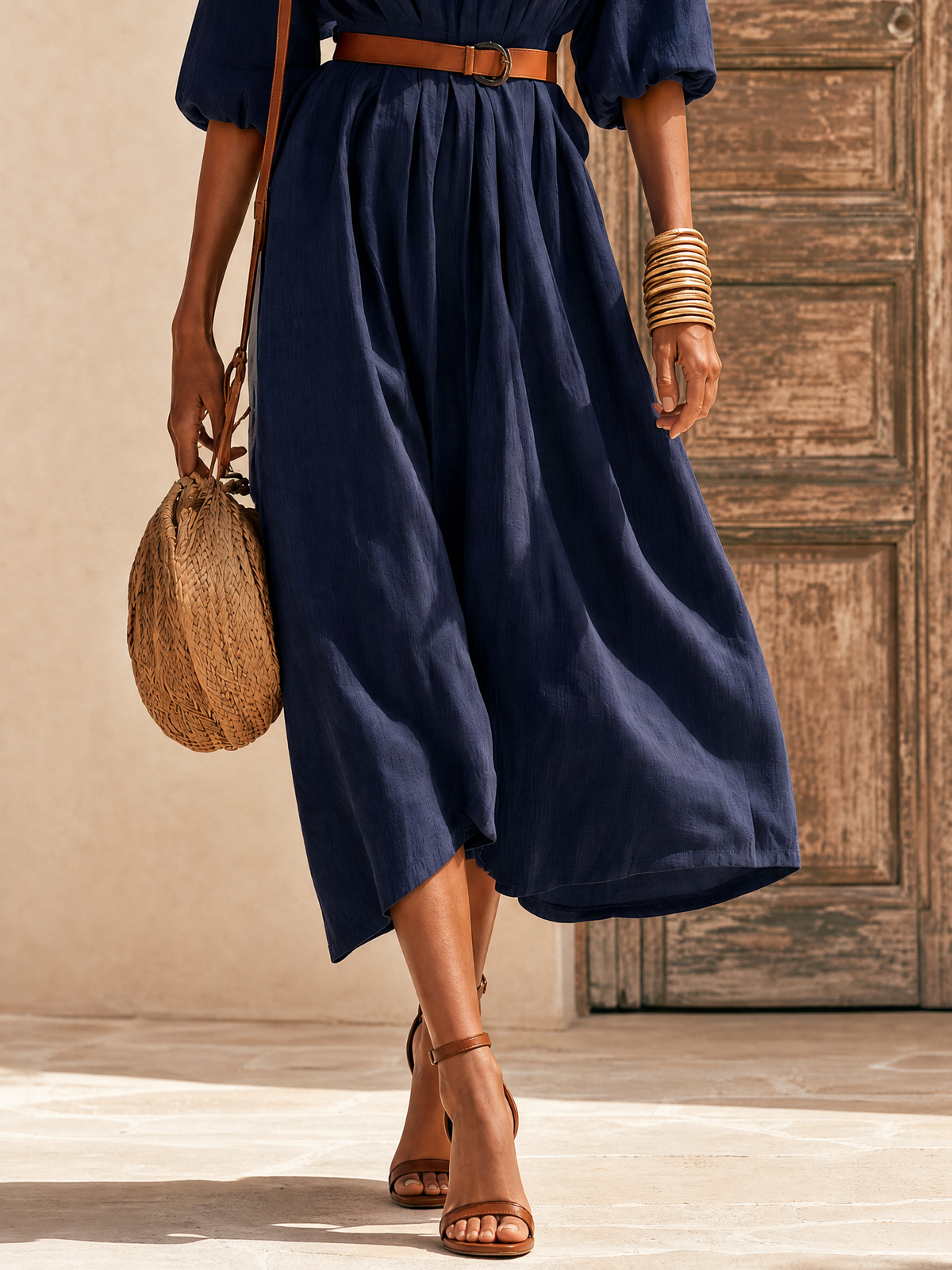 Retro-style Vacation Solid Color Cotton And Linen Midi Dress