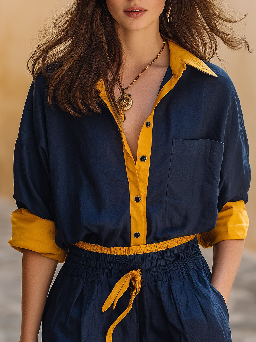 Capri Vibe Navy Yellow Contrast Trim Collared Shirt And Drawstring Waist Short Two Piece Set