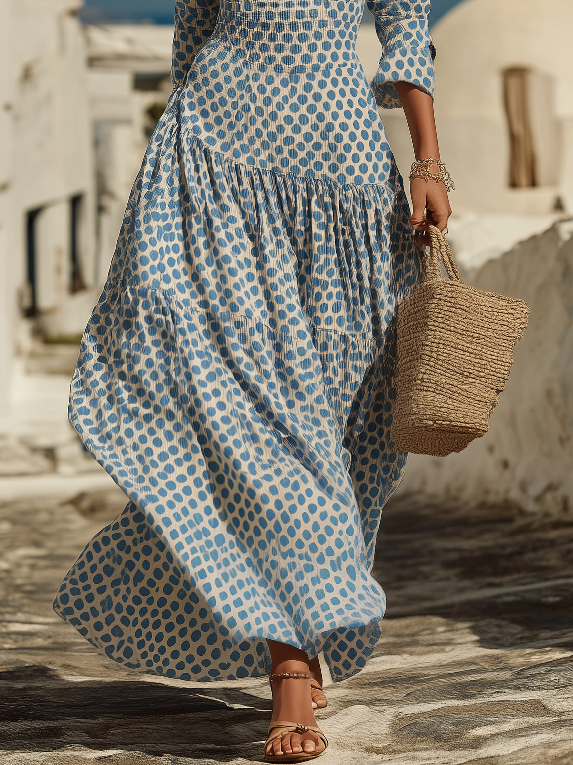 Mediterranean Holiday Crinkled Fabric Blue Polka Dot Square Neck Three Quarter Sleeve Tiered Maxi Dress