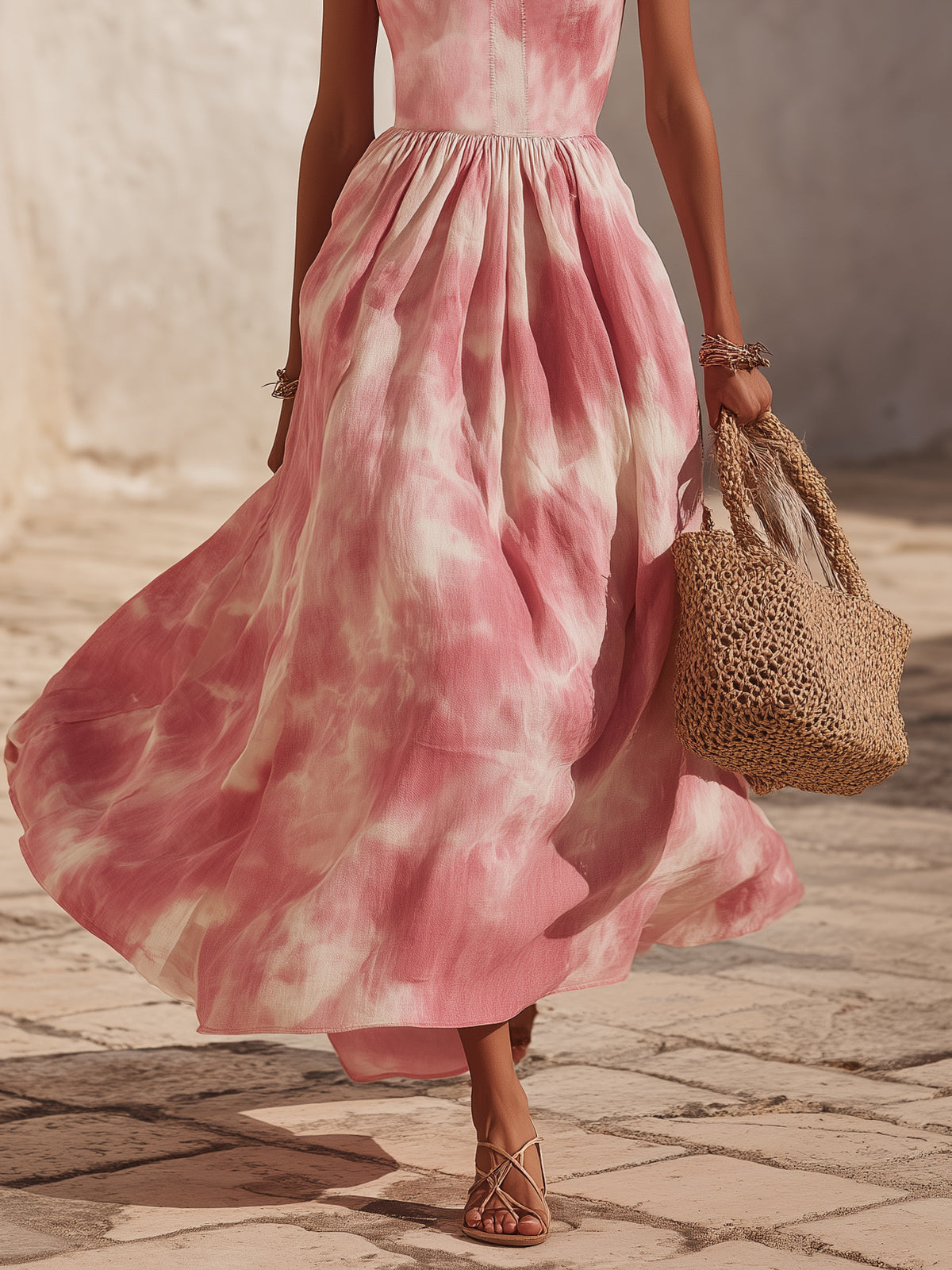 Mediterranean Holiday Light Woven Fabric Pink Tie Dye Square Neck Wide Strap Flared Maxi Dress