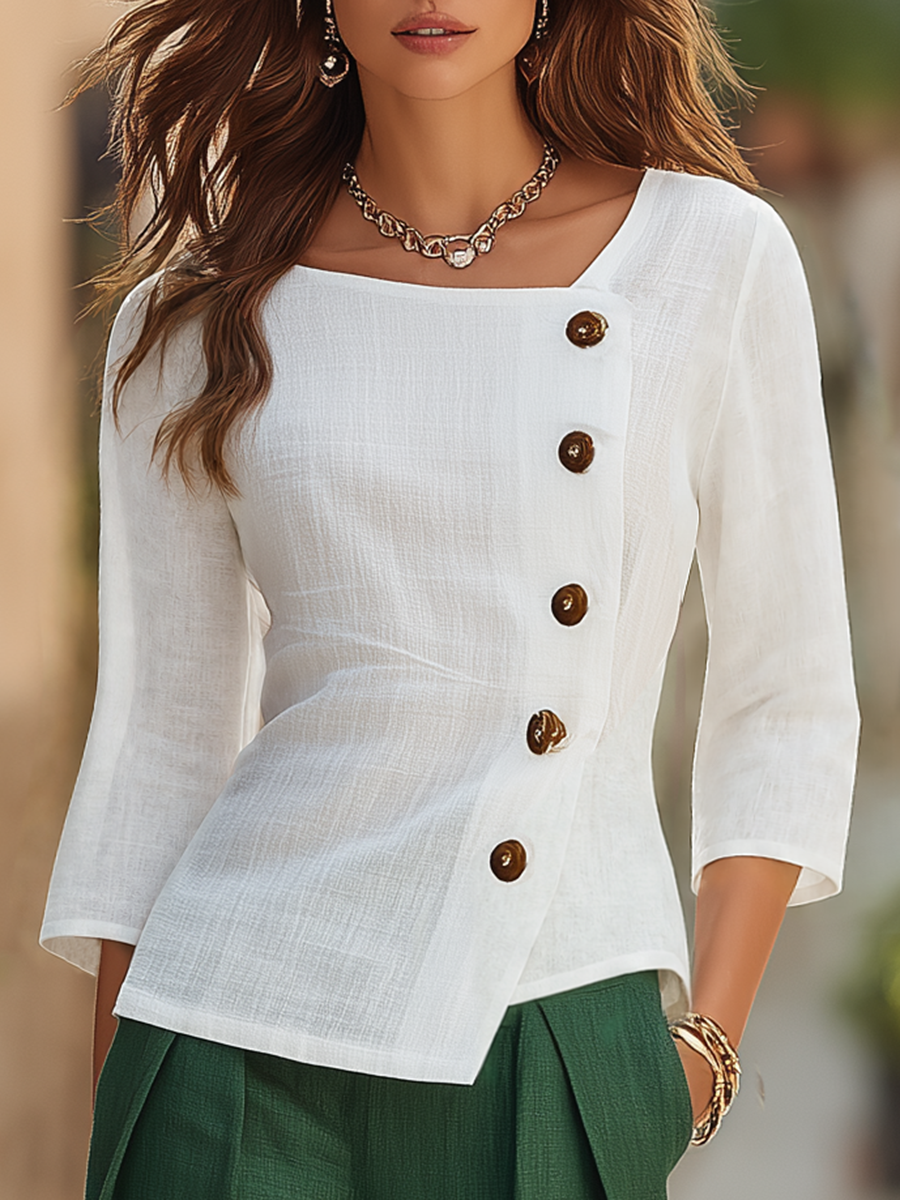 Stylish Sophisticated Asymmetrical Hem Shirt And Linen Wide-leg Pants Set
