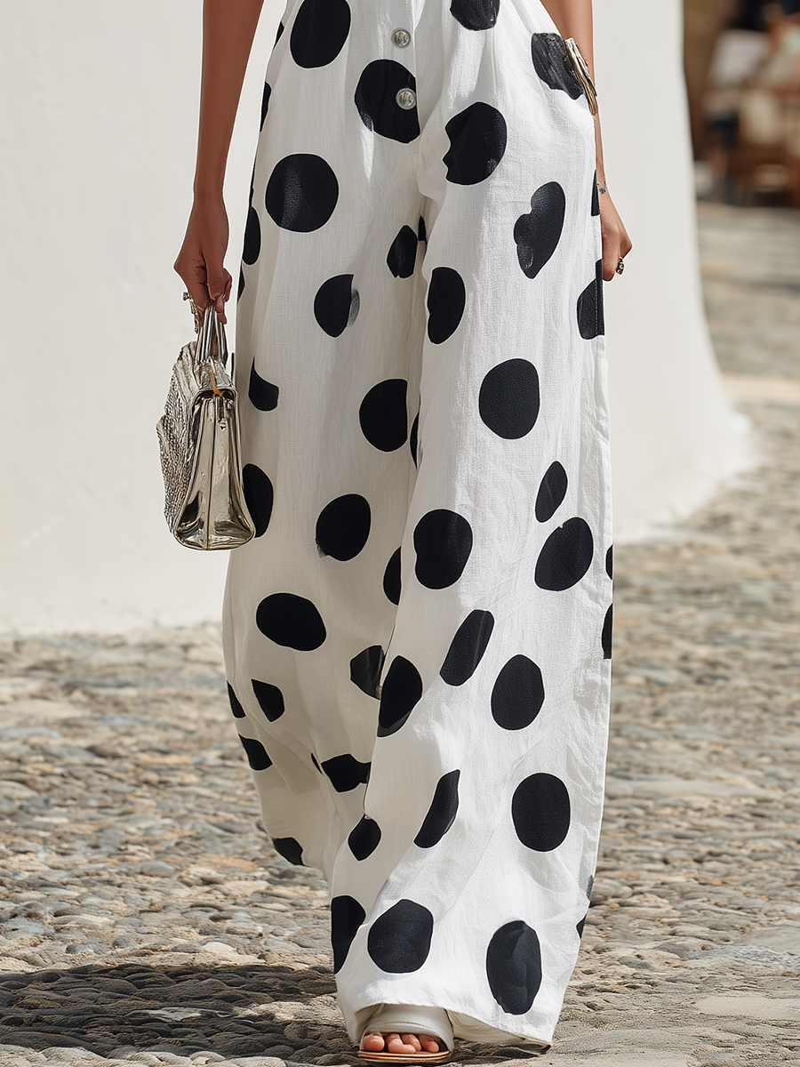 Vacation-style Square-neck Sleeveless Polka-dot Print Jumpsuit