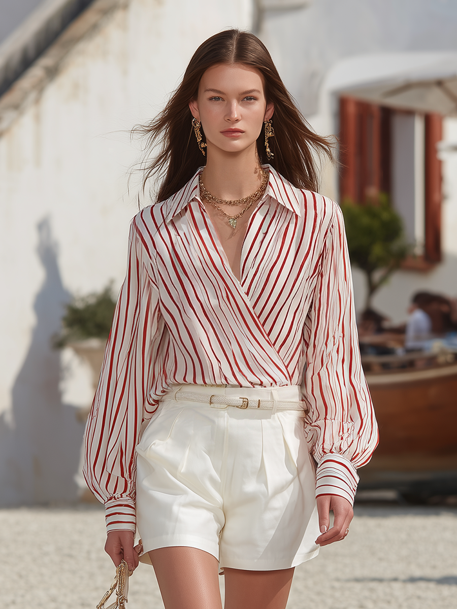 Resort-style Long-sleeve Striped Chiffon Top
