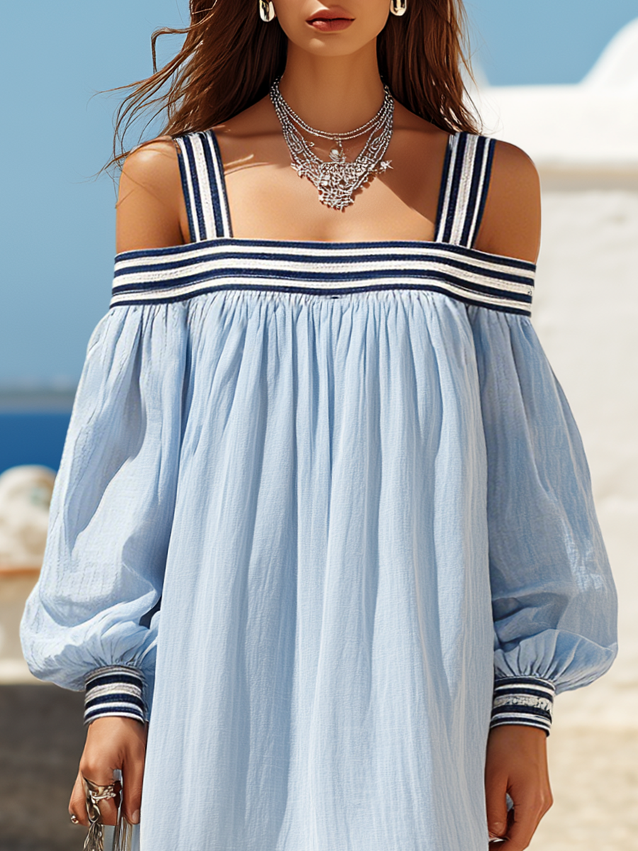 Resort-style Striped Off-shoulder Long-sleeve Midi Dress