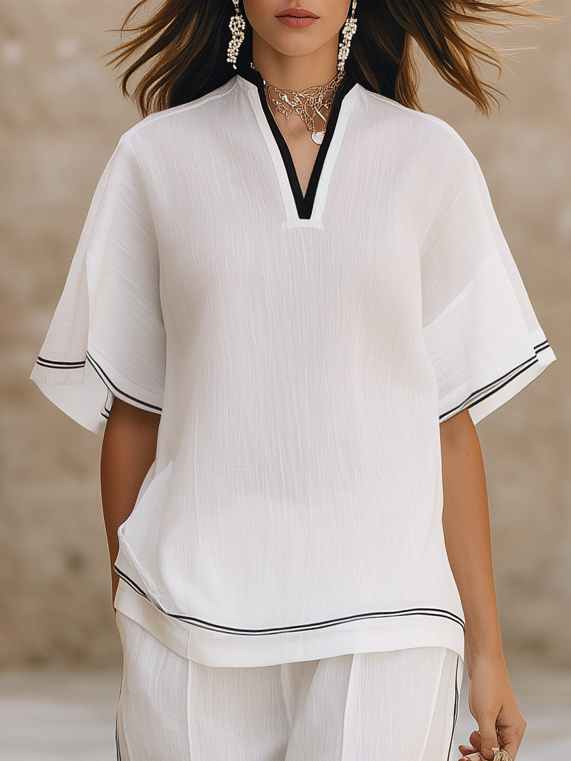 Mediterranean Holiday Textured Linen Blend White Black Piping V Neck Short Sleeve Top Wide Leg Pant Set