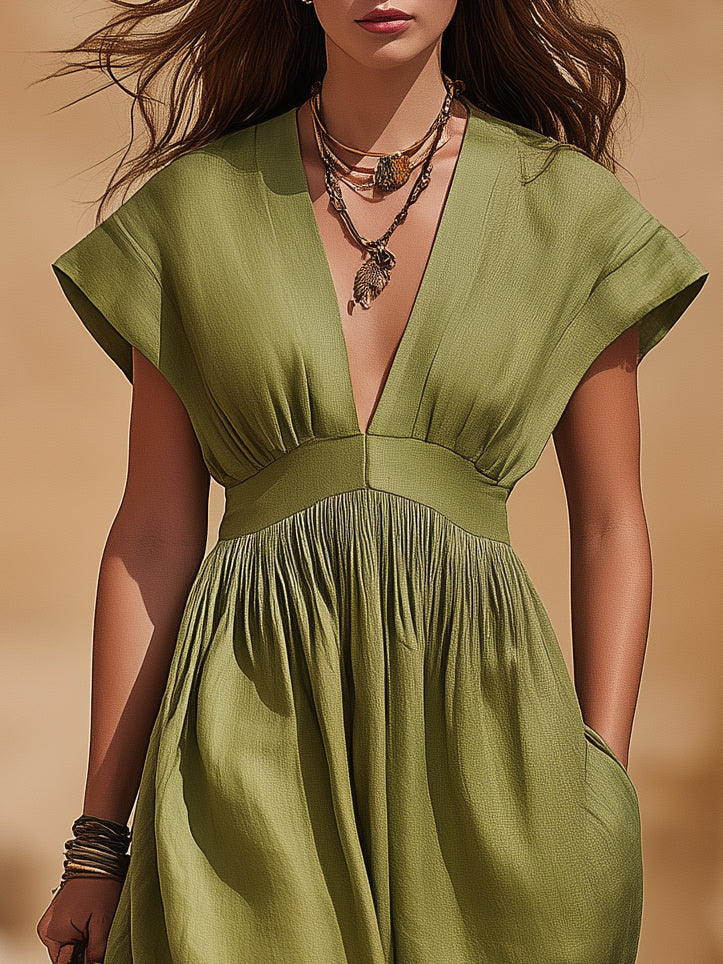 Minimalist Resort Linen Blend Solid Olive Green Deep V Cap Sleeve Gathered Waist Wide Leg Maxi Jumpsuit