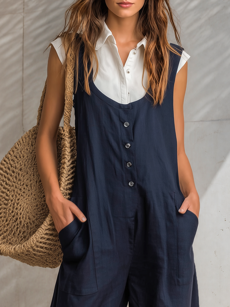 Leisure And Vacation Front Button Dark Blue Cotton Wide-leg Overalls
