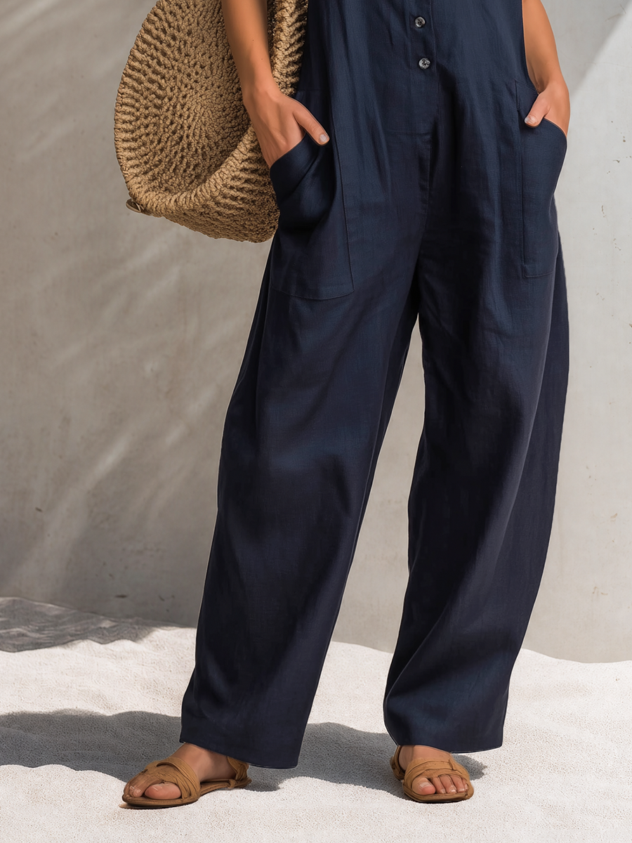 Leisure And Vacation Front Button Dark Blue Cotton Wide-leg Overalls