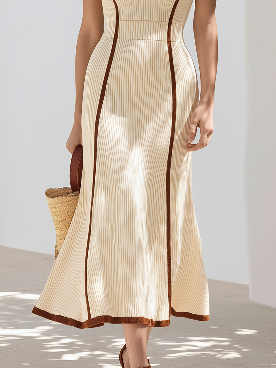 Elegant Vacation Short Sleeves Contrasting Polo Collar Mermaid Hem Knit Midi Dress