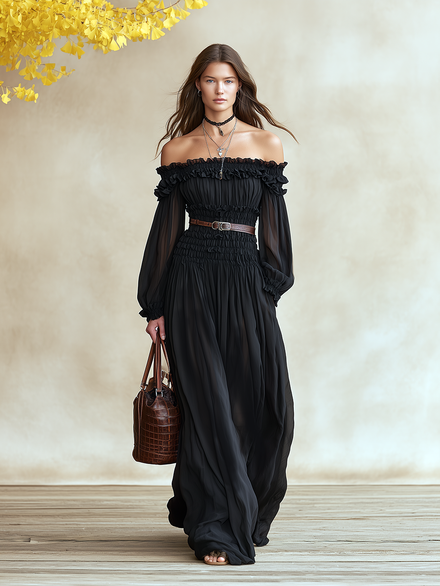 Vacation-style Off-shoulder Long-sleeve Ruffled Chiffon Maxi Dress