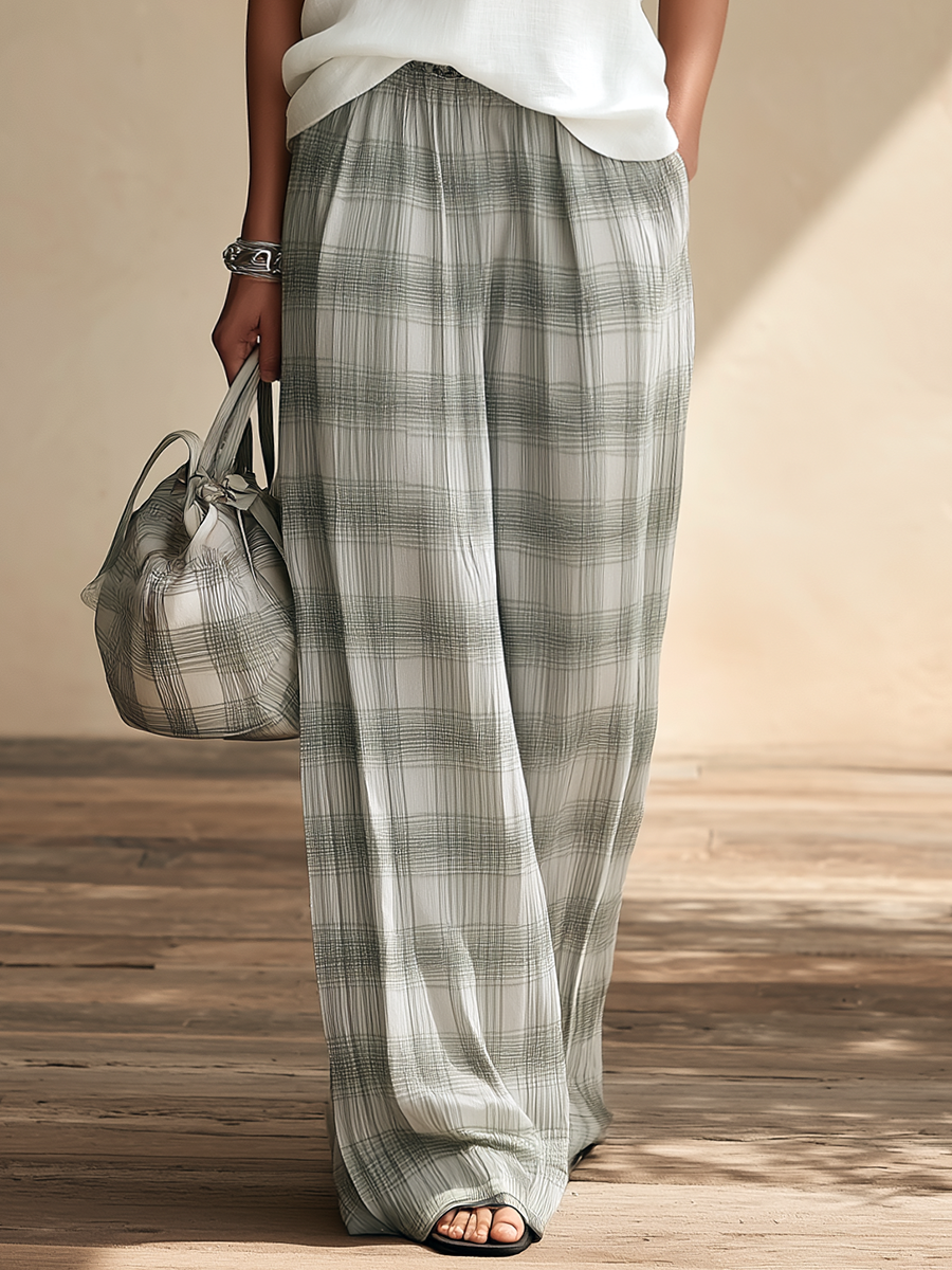 Resort-style Short-sleeved Embroidered Top And Plaid Trousers Set
