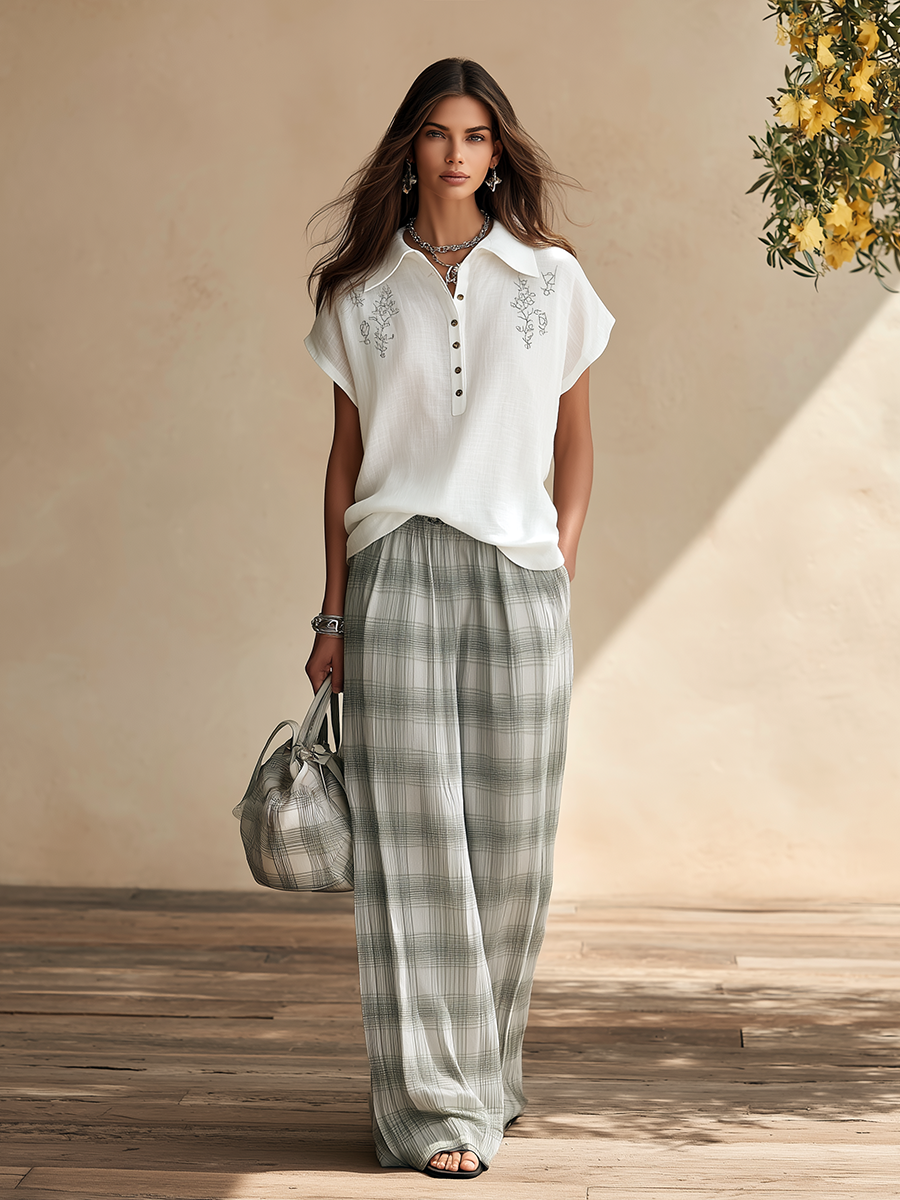 Resort-style Short-sleeved Embroidered Top And Plaid Trousers Set