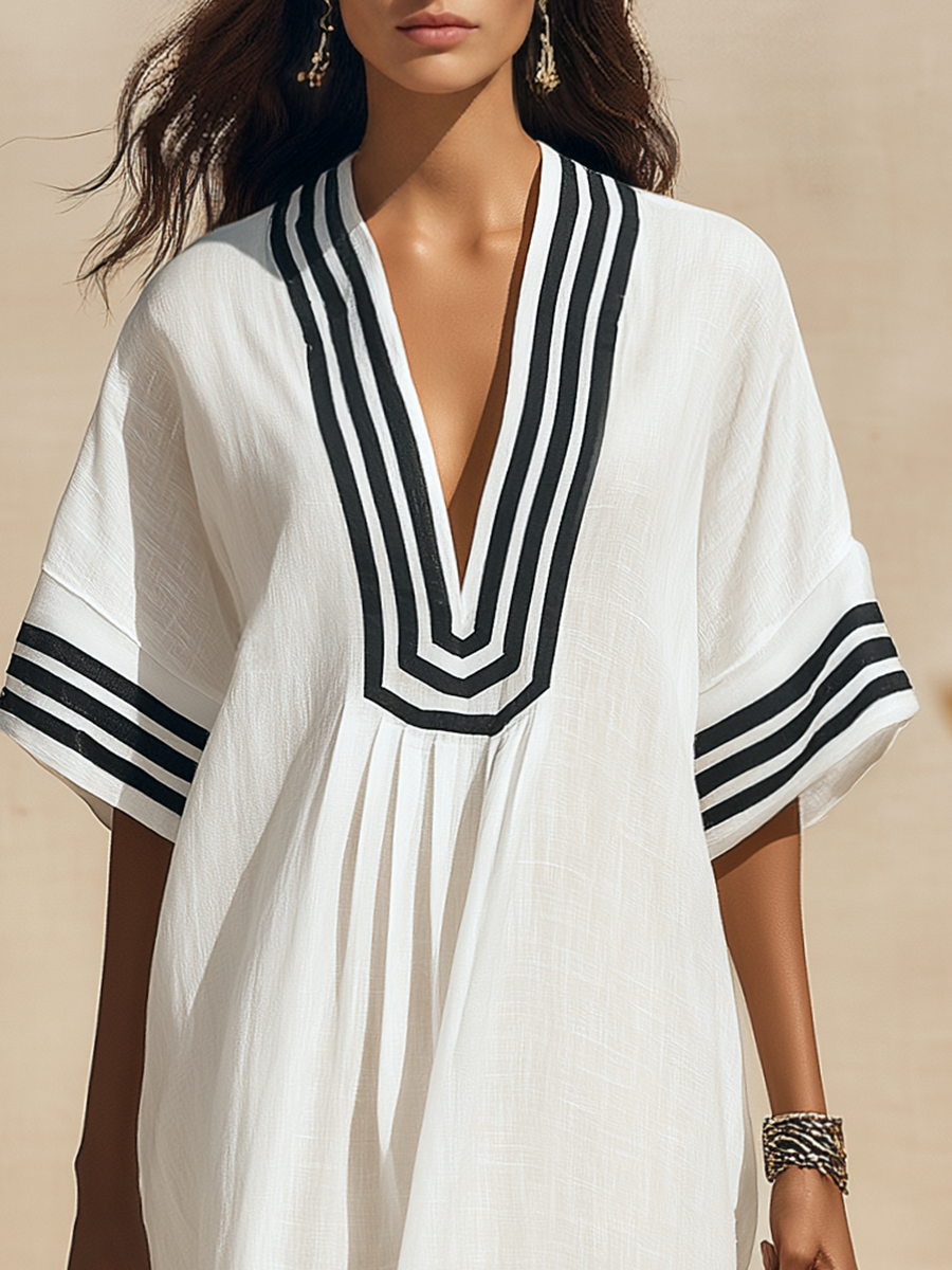 Resort-style V-neck Short-sleeved Striped Midi Dress