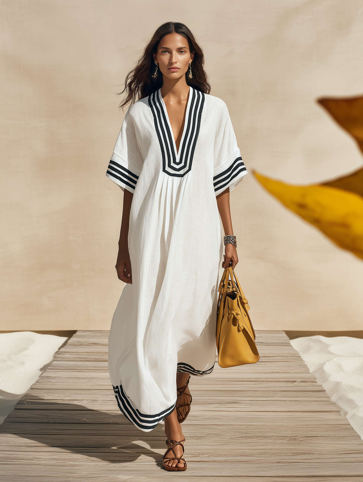 Resort-style V-neck Short-sleeved Striped Midi Dress