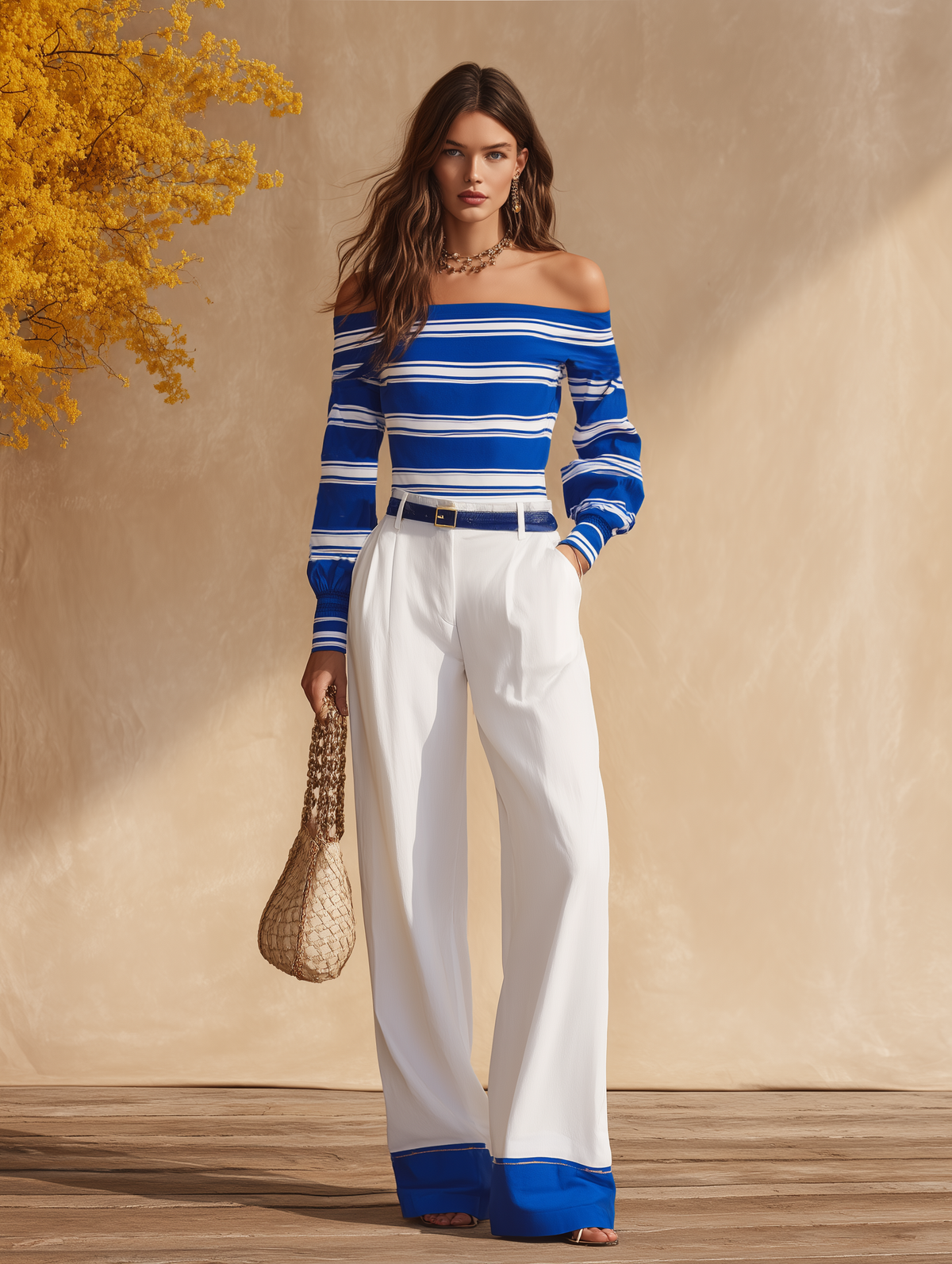 Resort-style Striped Off-the-shoulder Top And Trousers Set