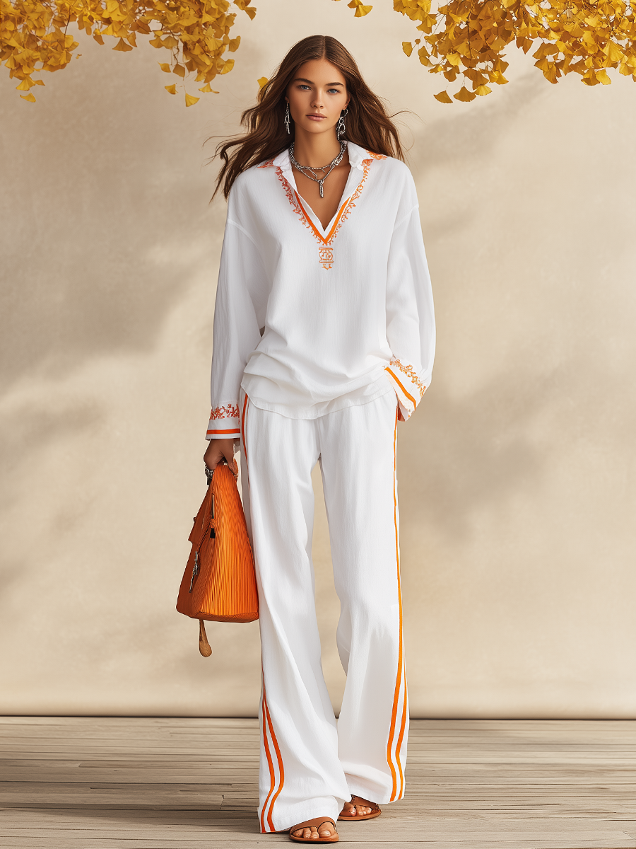 Resort-style V-neck Long-sleeve Embroidered Top And Trousers Set