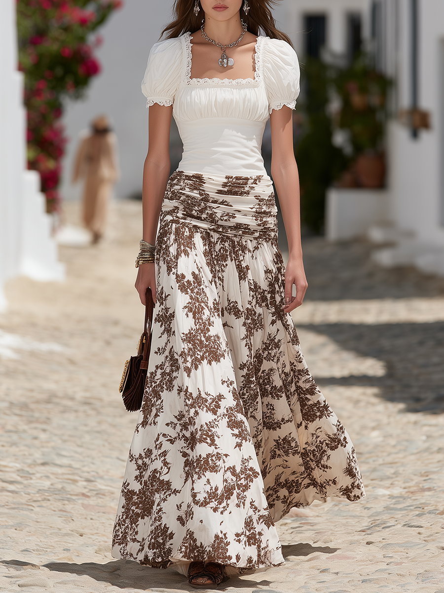 Resort-style Floral Print Chiffon Maxi Skirt